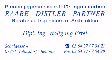 Visitenkarte aus dem Jahr 1994 vom Planungsbüro Wolfgang Ertel aus Golmsdorf bei Jena