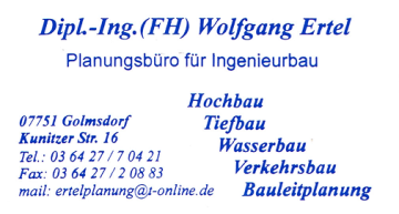 Aktuelle Visitenkarte vom Planungsbüro Wolfgang Ertel aus Golmsdorf bei Jena